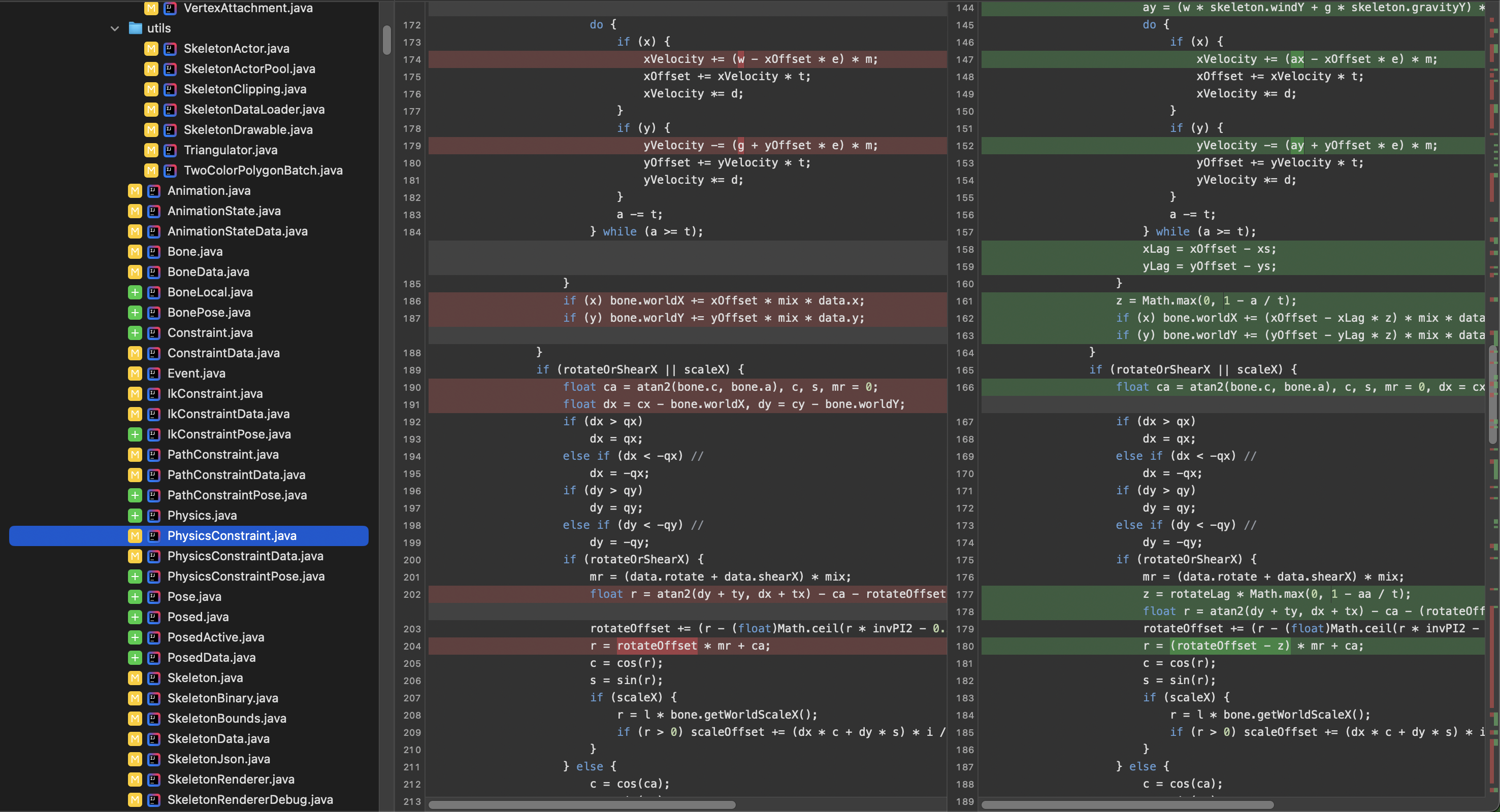 Git diff showing thousands of lines of code changes